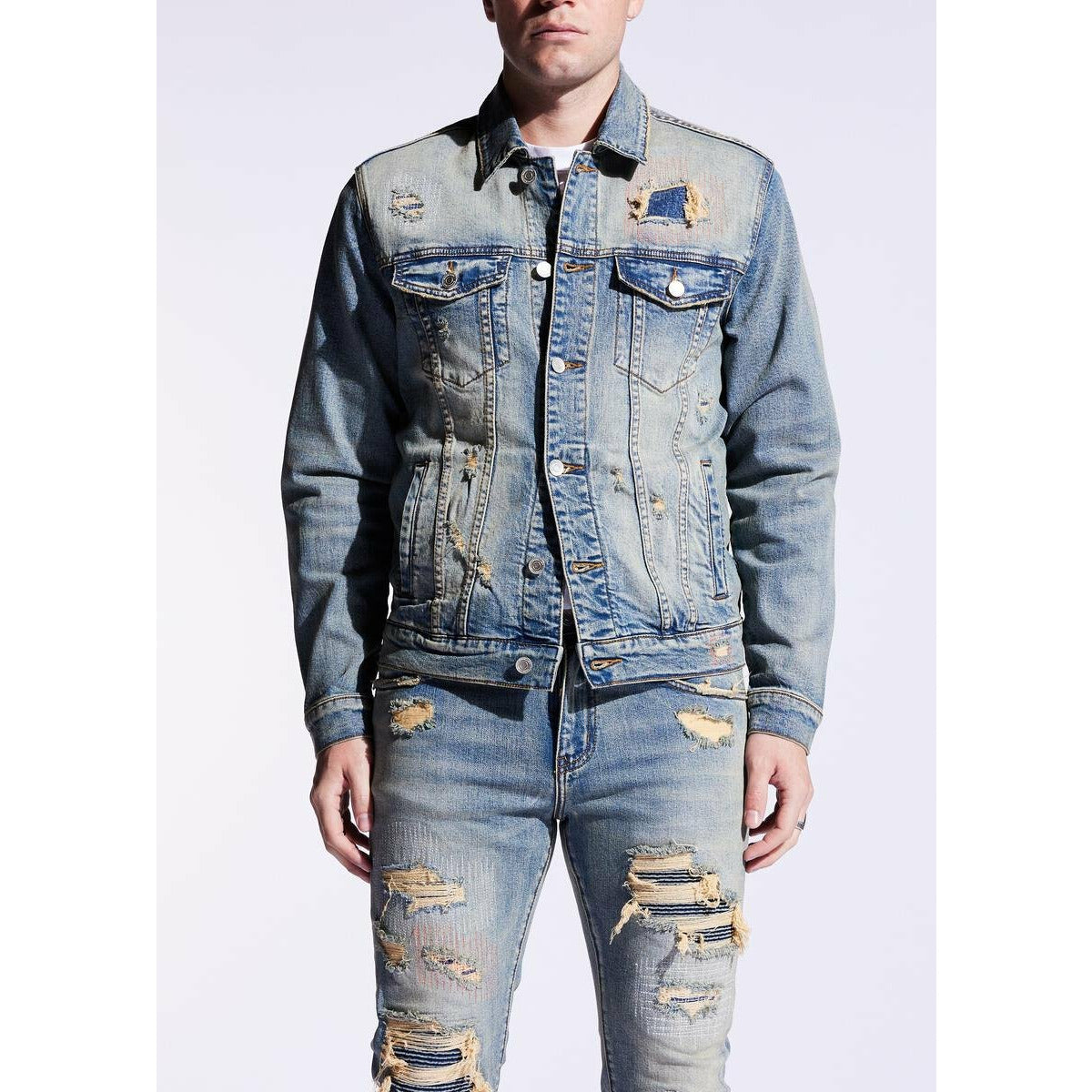 Stylish and trendy Embellish Blue Concat Denim Jacket with distressed details