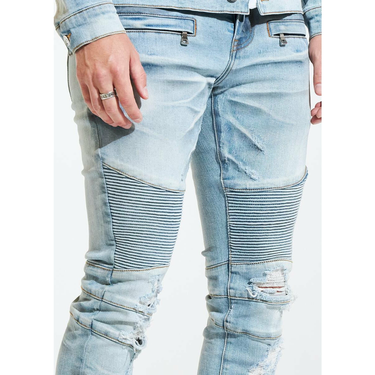 Light blue biker denim jeans from Crysp Skywalker with distressed detailing