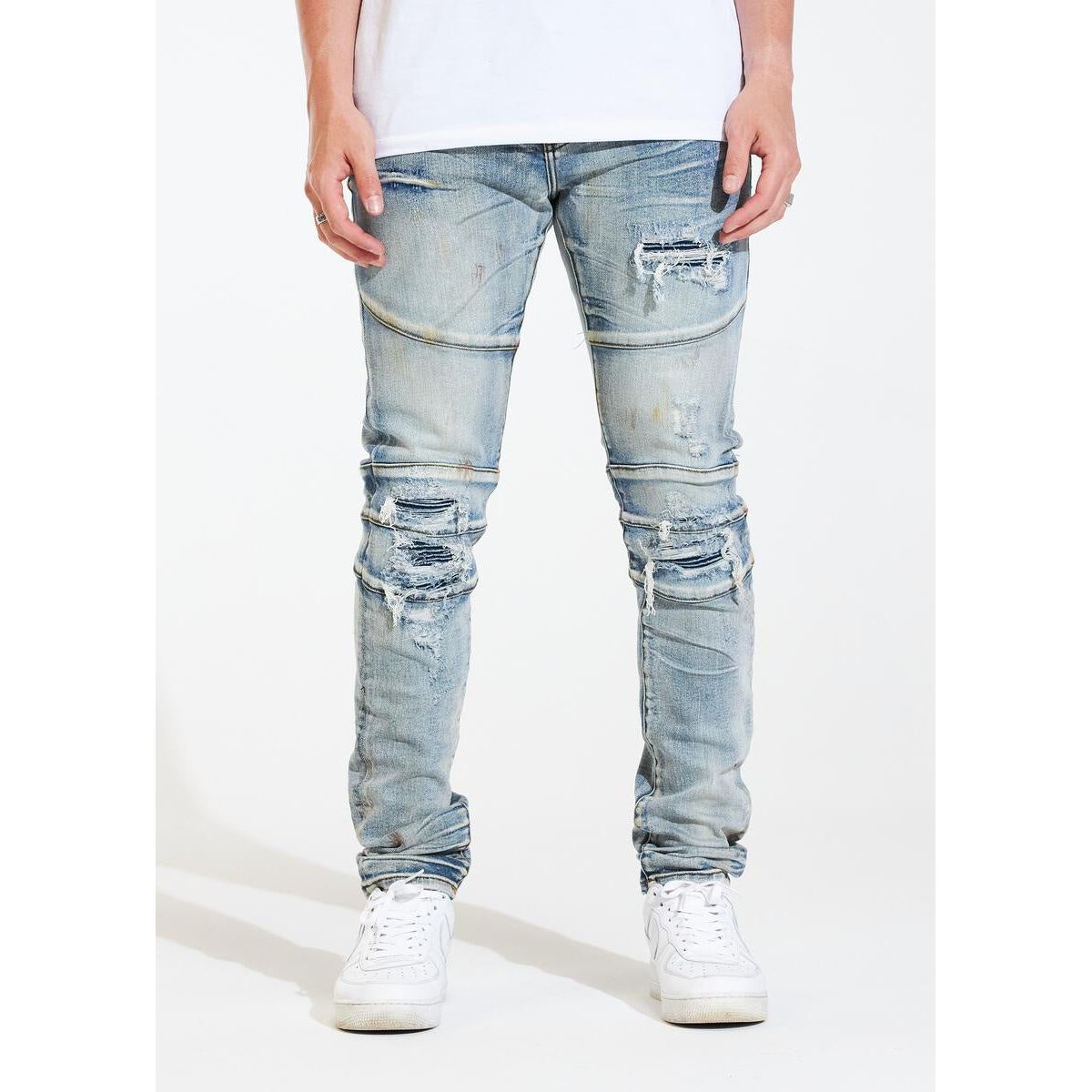 Crysp Denim Montana Blue Ripped Biker Jeans for Men, Front View
