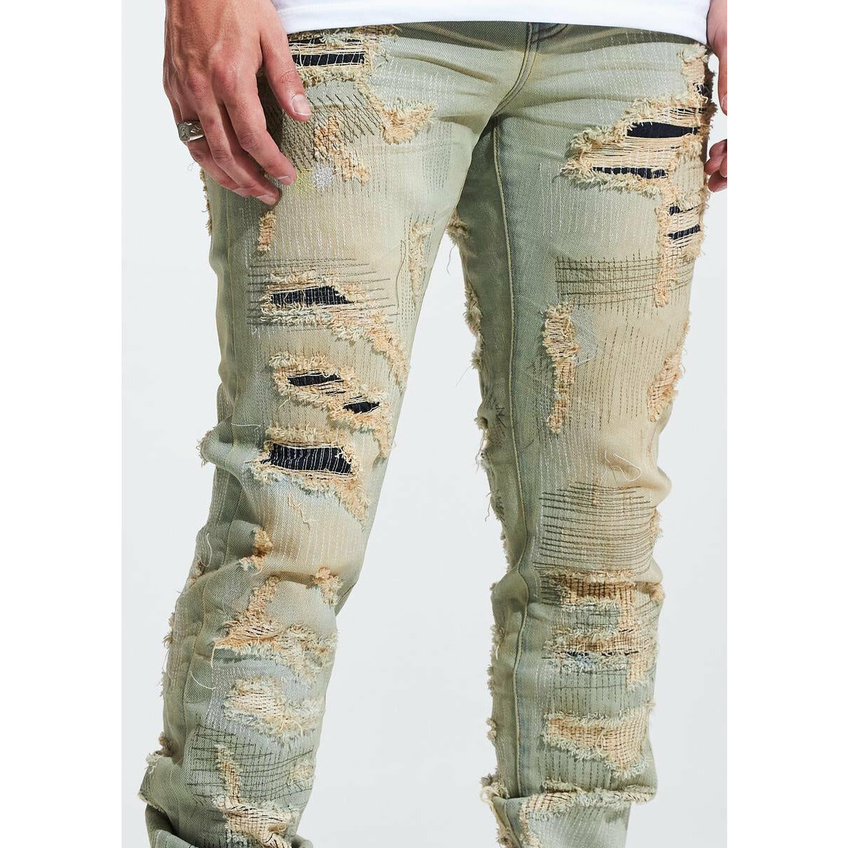 Embellish Alana Ripped Sand Wash Denim (EMBHOL21-2-9) Model Wearing the Denim with Sneakers