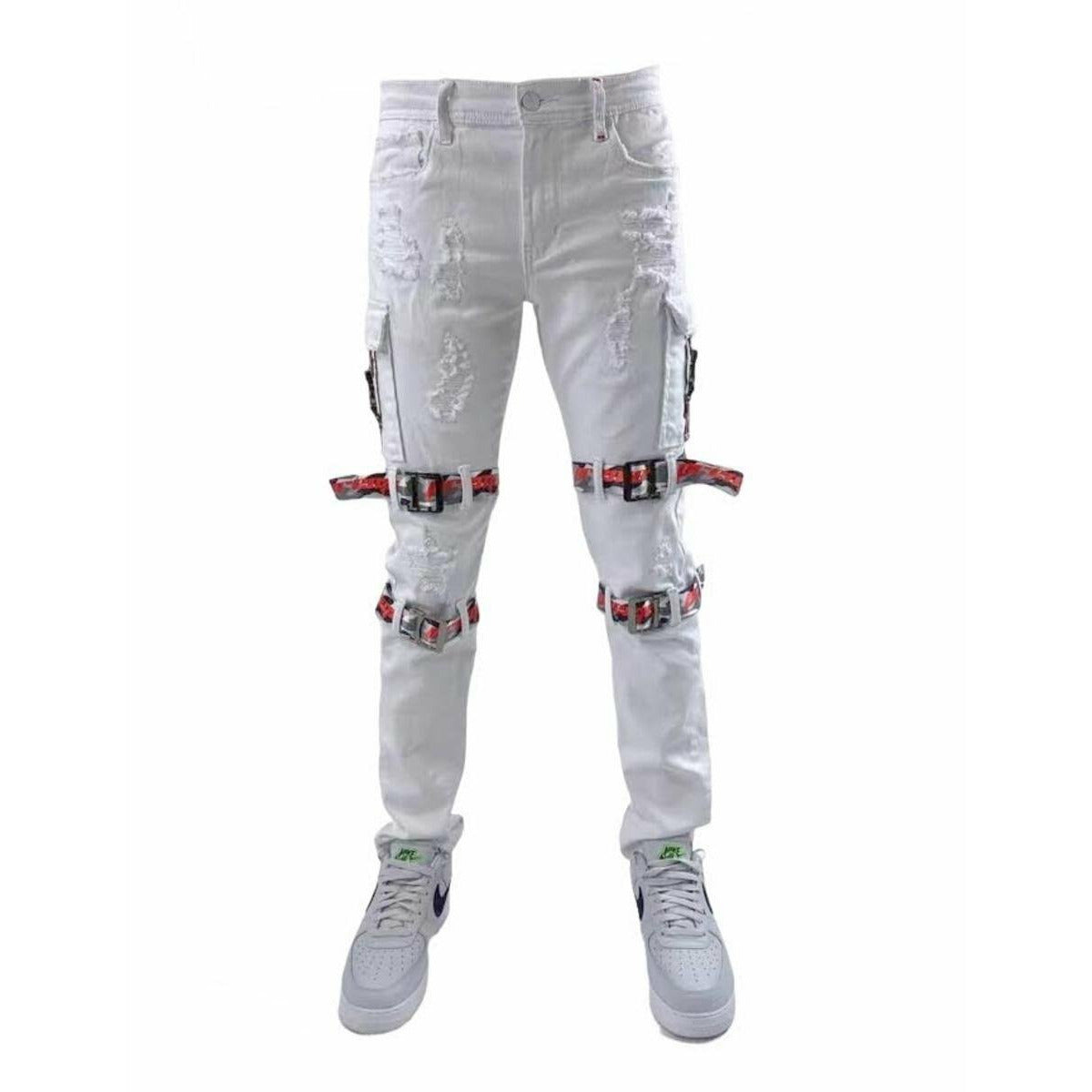 High-quality Preme Cargo Strap White Denim Jeans (PR-WB-799A) with stylish design and durable construction for a trendy and comfortable look