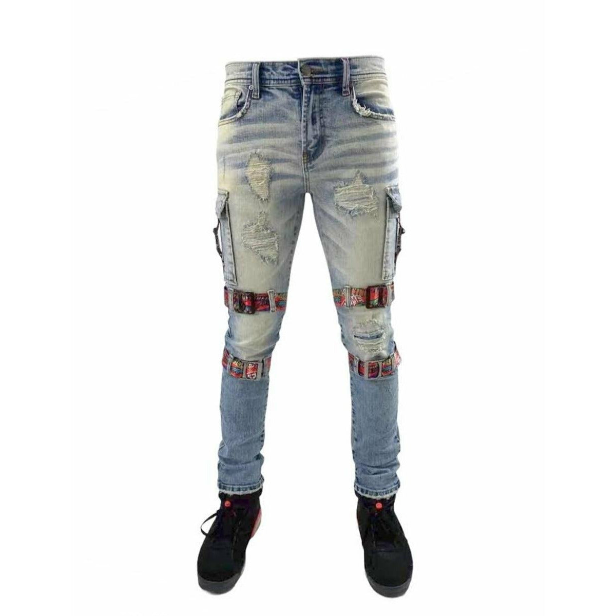 Preme Iguazu Cargo Strap Denim Jeans (PR-WB-801) with stylish cargo pockets and adjustable straps for a trendy and functional look