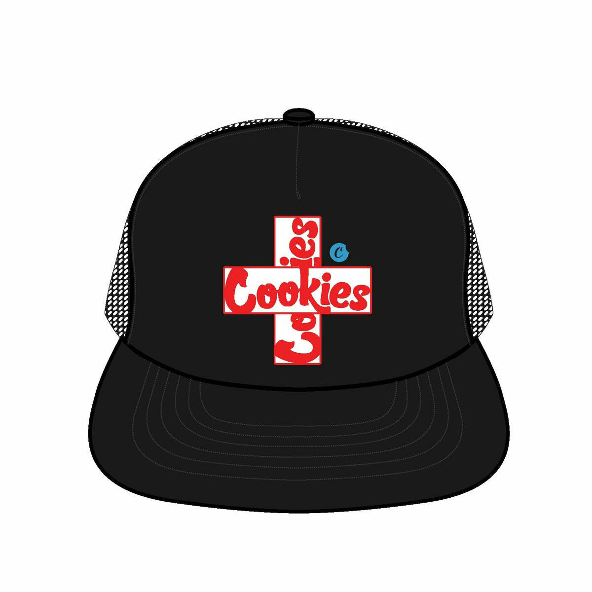 Black structured trucker hat with Cookies Mile High foam logo embroidery