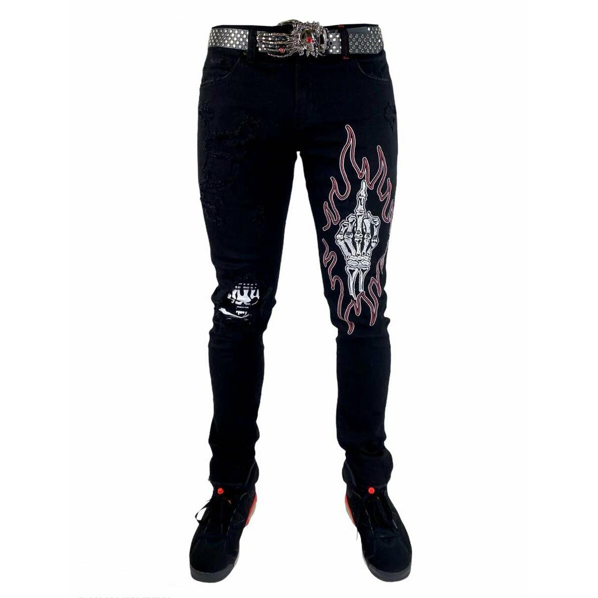 PREME Skull Middle Finger Black Jeans (PR-WB-856) - Stylish and edgy denim pants with skull and middle finger design