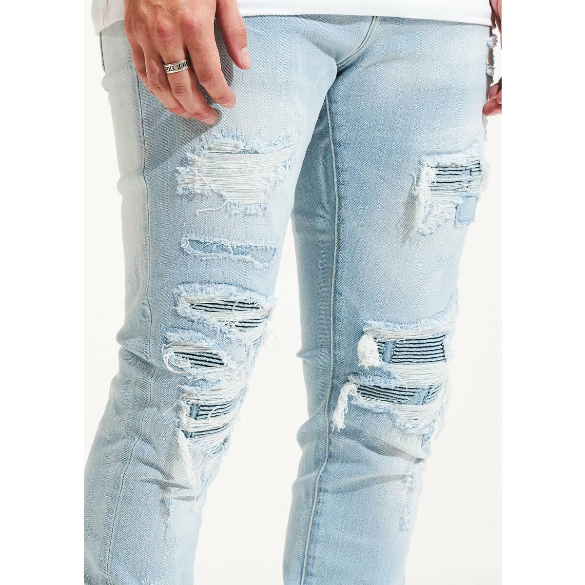 Embellish Light Blue Mav Rip & Repair Denim (EMBSP122-126) showcasing distressed detailing and light blue wash