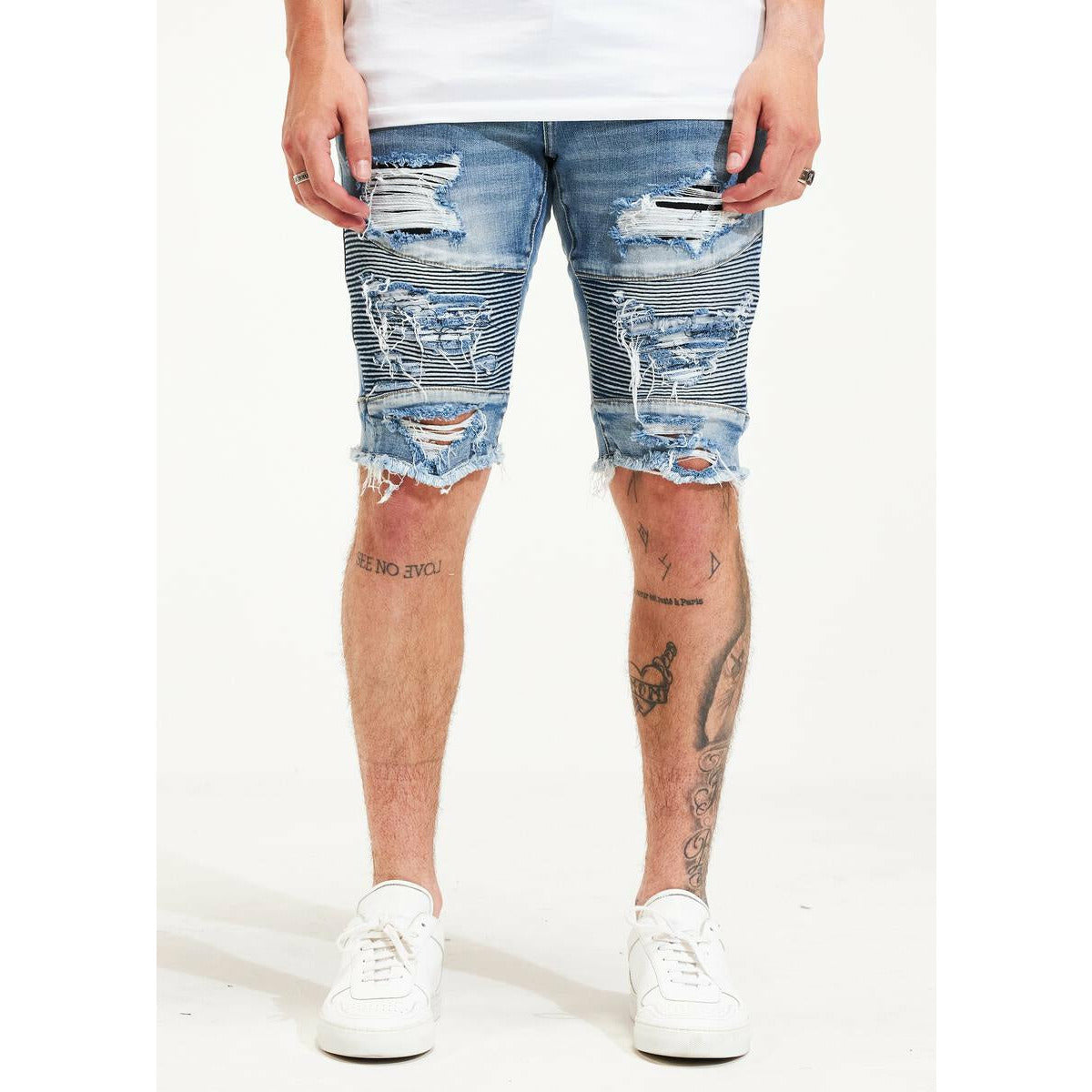 Embellish Stonewash Ursus Biker Shorts (EMBSP222-107) featuring distressed denim design and comfortable fit for casual urban style
