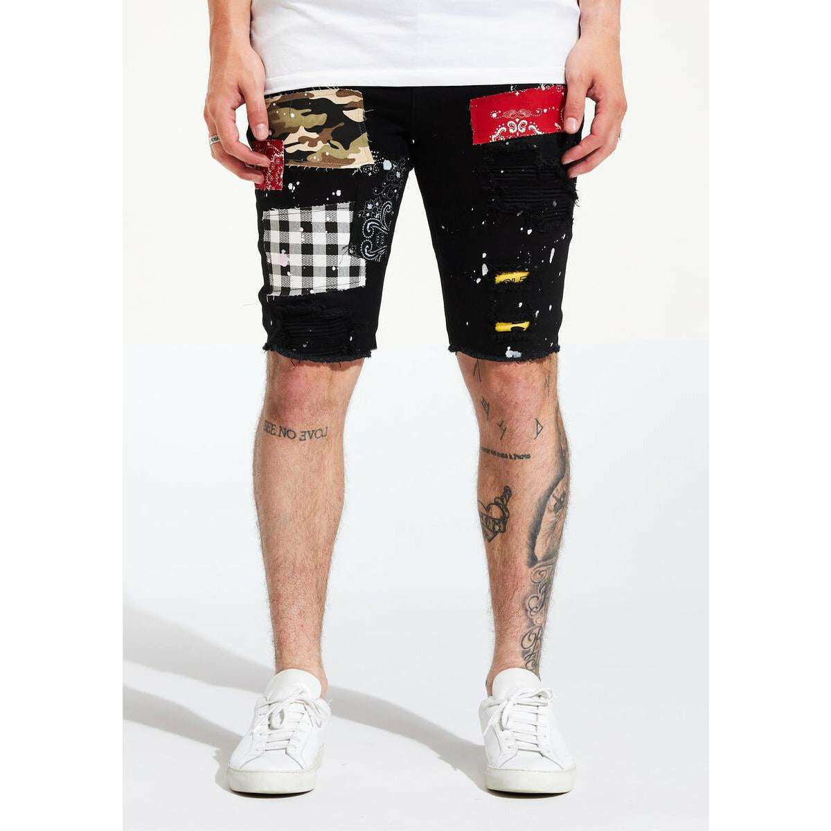 Embellish Black Patched Ripped Shorts (EMBSP222-134) featuring distressed details and stylish patches for a trendy, edgy look