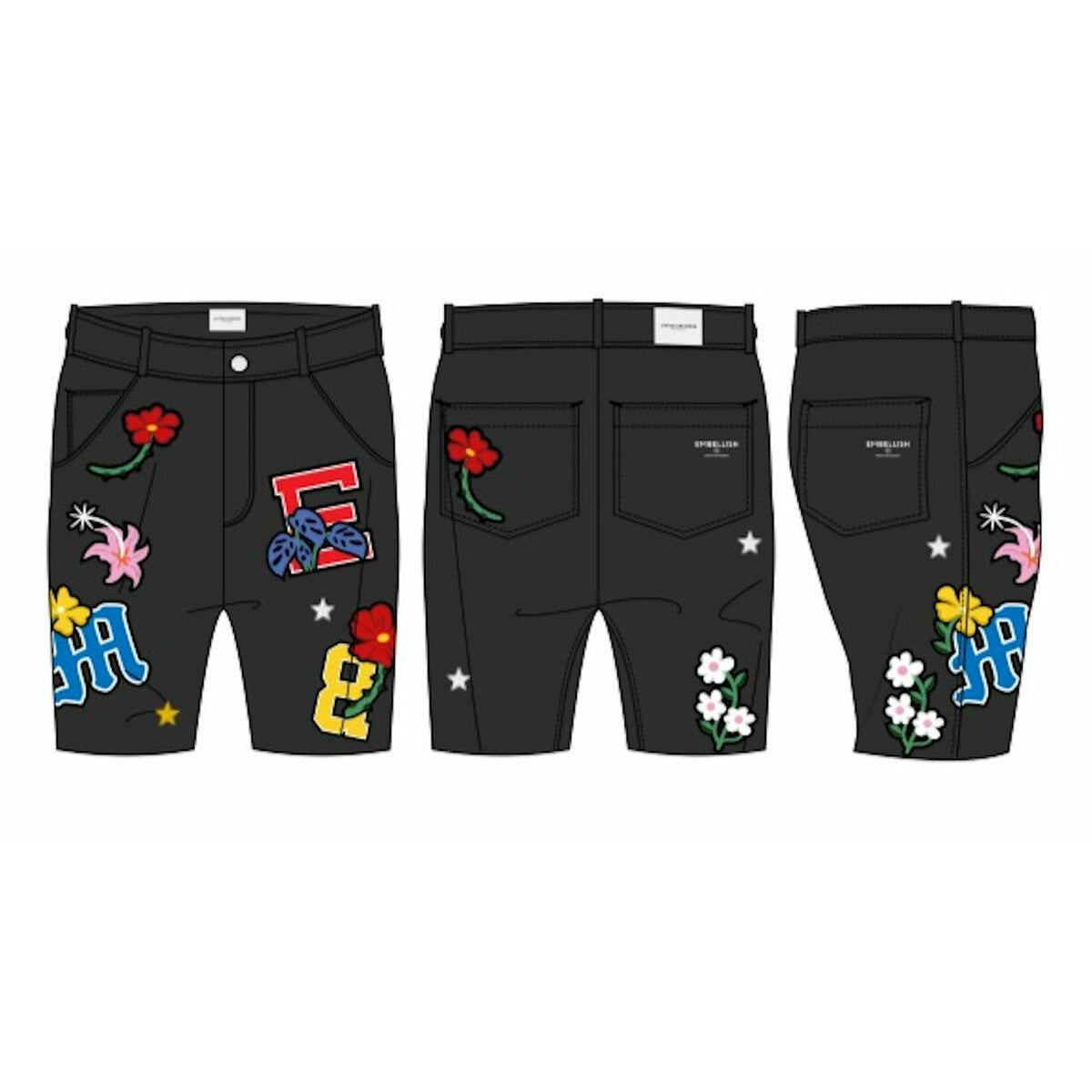 Nille Patched Black Denim Shorts with Frayed Detail and Ripped Design