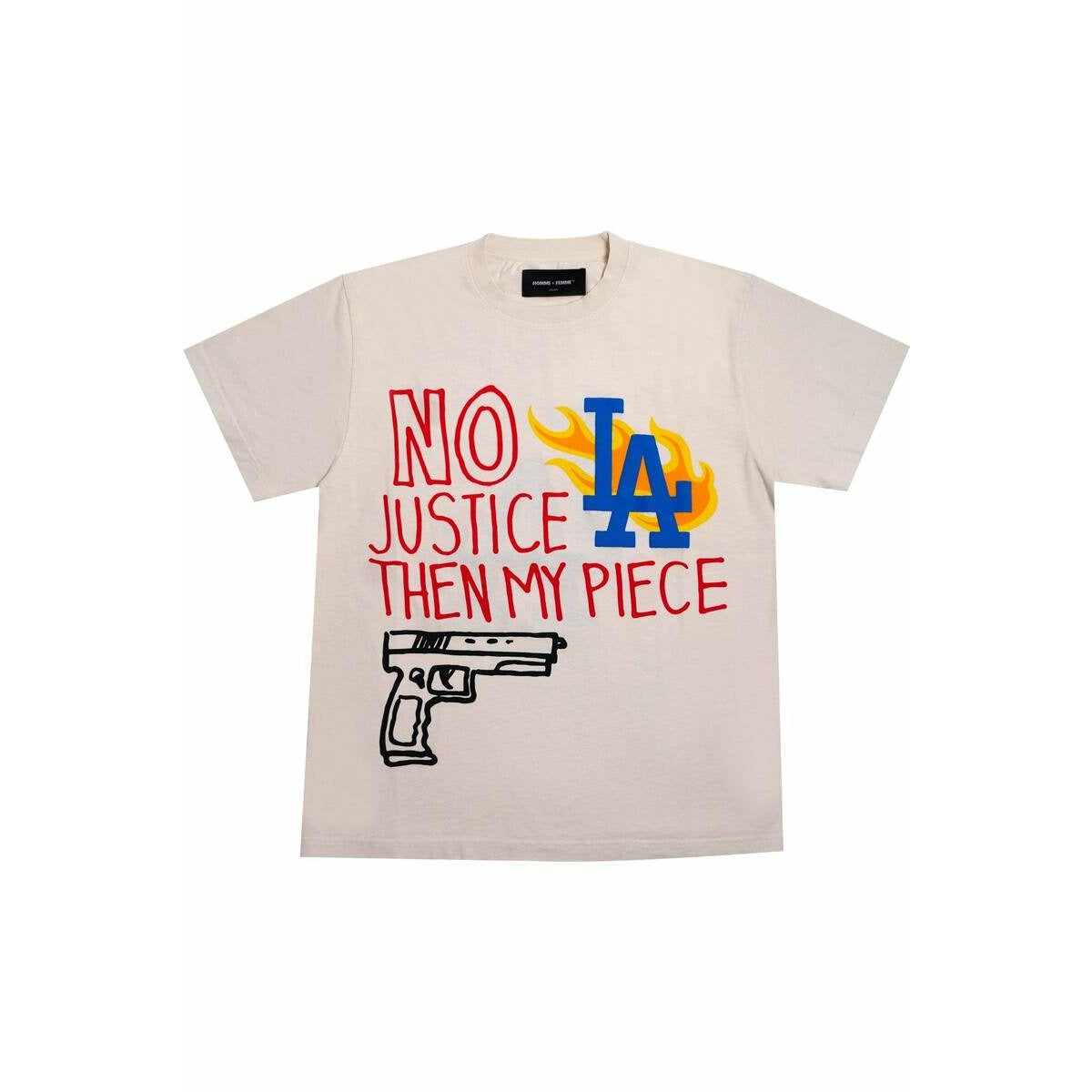 Stylish unisex cream t-shirt with 'LA Riots' graphic print by Homme + Femme