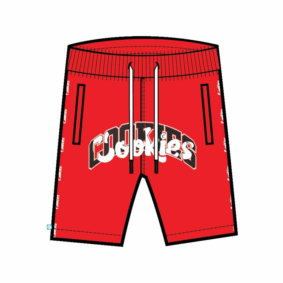 Red sweat shorts with interlock design, featuring Cookies Loud Pack branding (1557B5852)