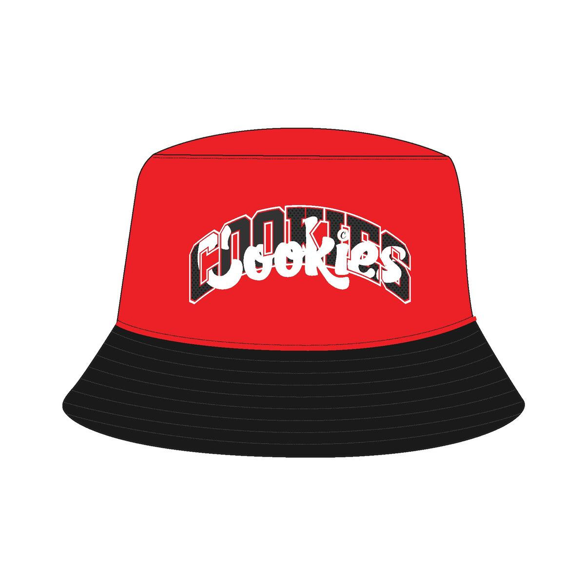 Red bucket hat with Cookies Loud Pack branding, featuring a bold design and vibrant colors