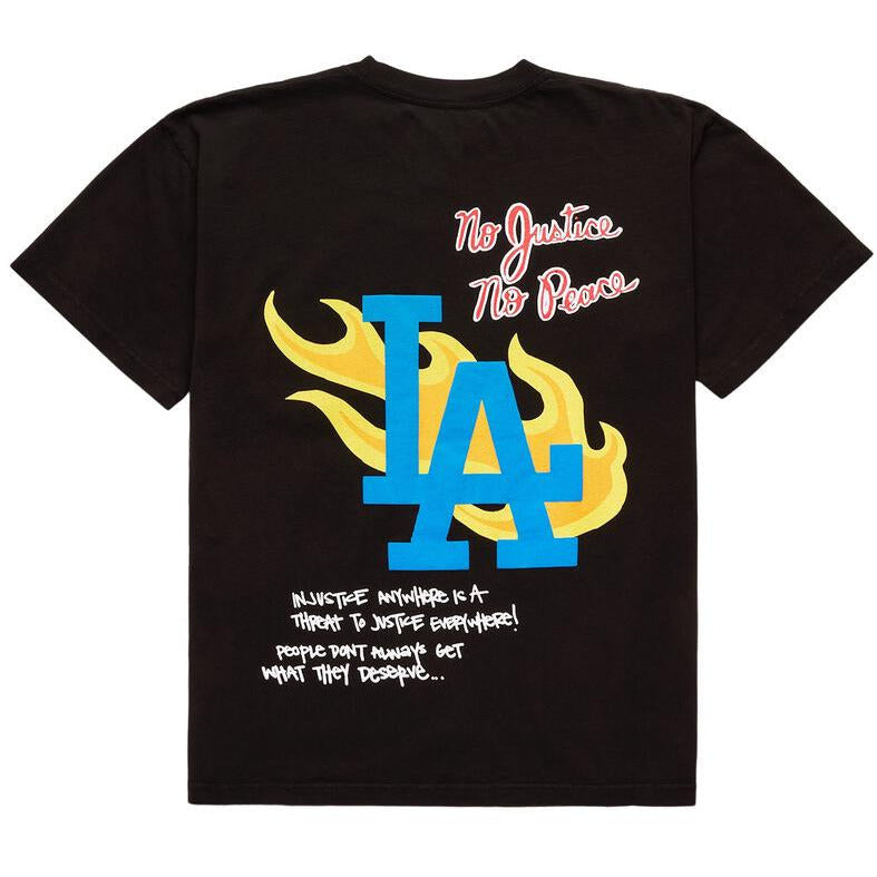 Close-up of the detailed design on the Homme + Femme LA Riots Black Tee