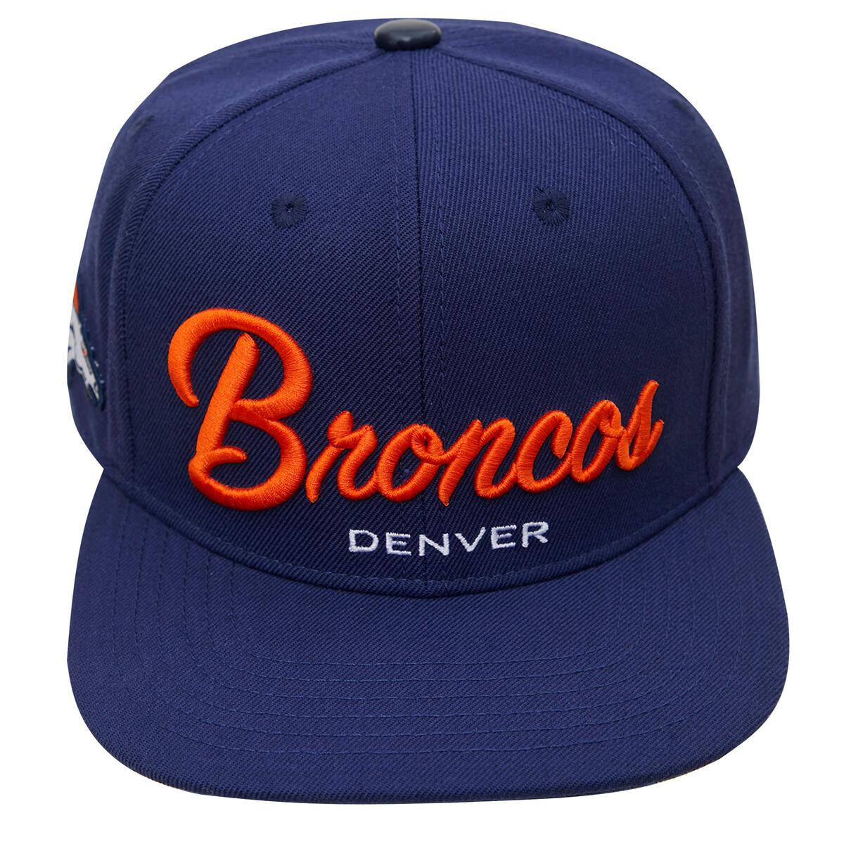 Pro Standard Denver Broncos Script Wordmark Navy Snapback hat with adjustable strap