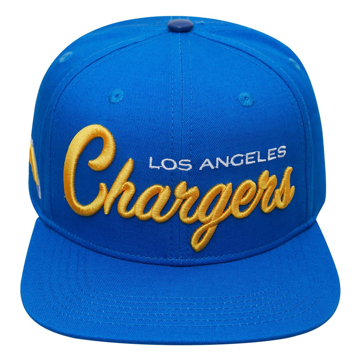 Blue Los Angeles Charger script wordmark snapback hat with standard pro design