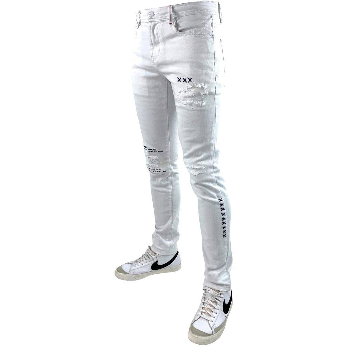 Side view of PREME White Denim Ripped SS Jeans (PR-WB-907) showing ripped design and frayed hem