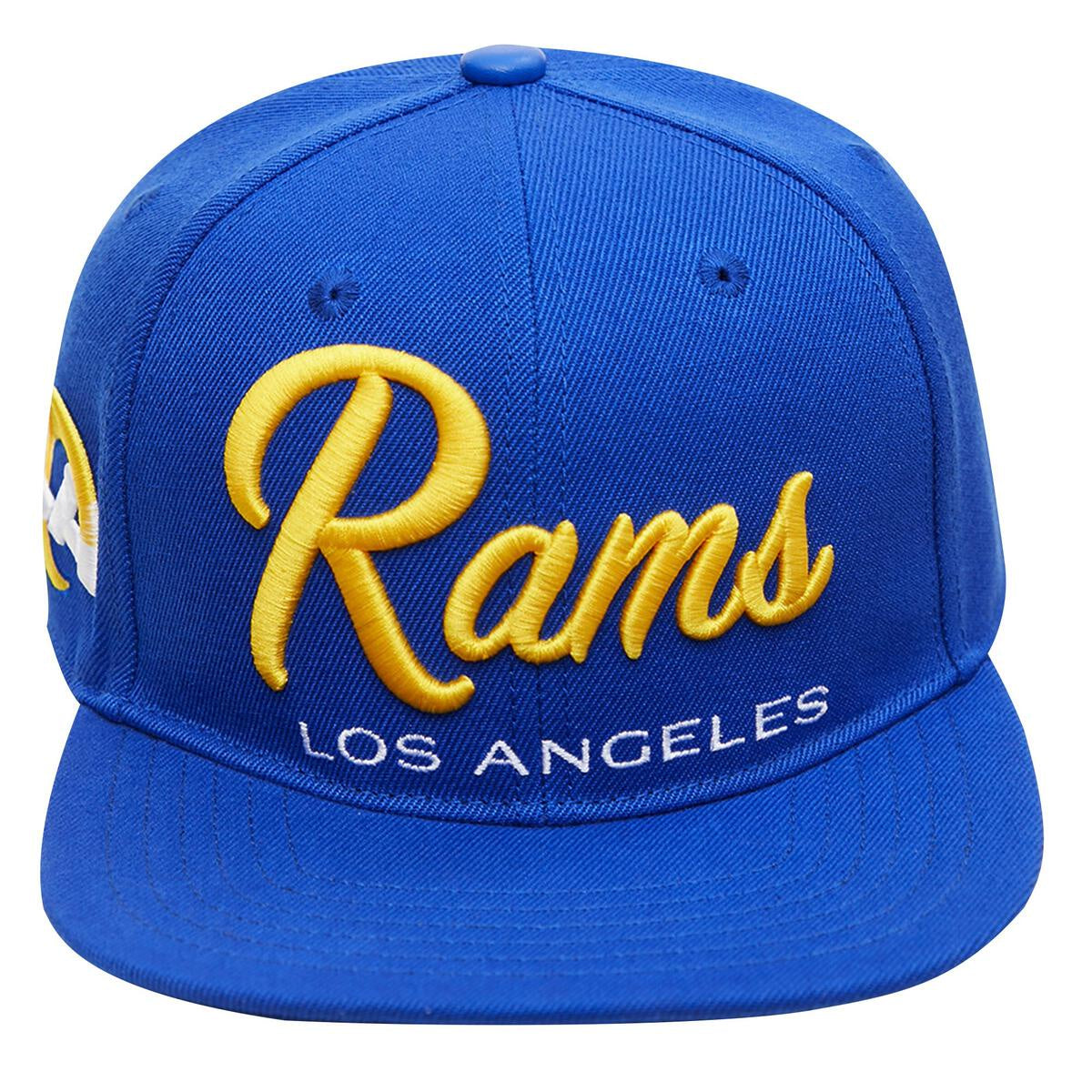 Pro Standard Los Angeles Rams Script Wordmark Blue Snapback, a stylish and trendy hat perfect for showcasing team spirit