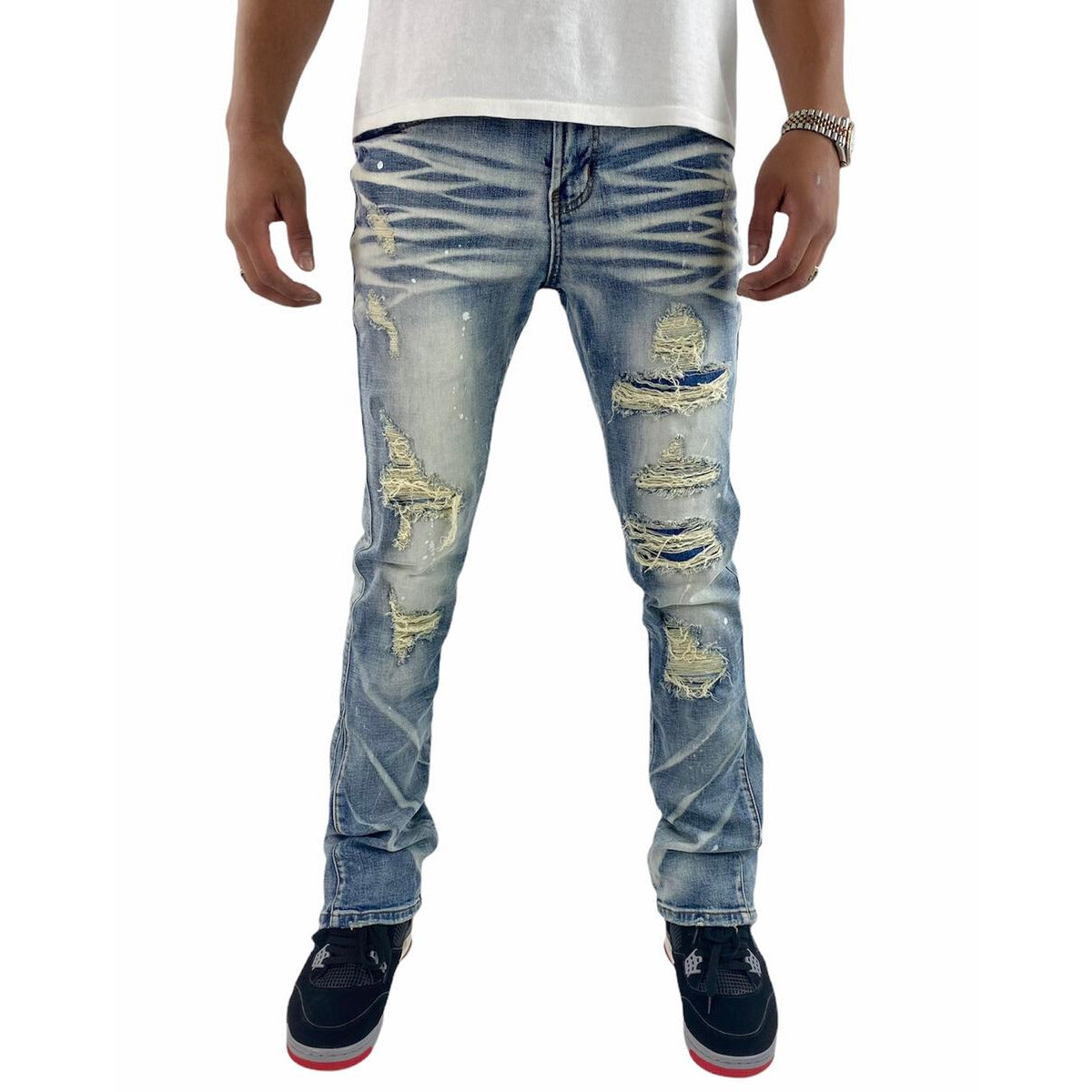 High-quality Preme Indigo Denim Niagra Flare jeans with a vintage-inspired, wide-leg silhouette (PR-WB-936) in a rich indigo wash