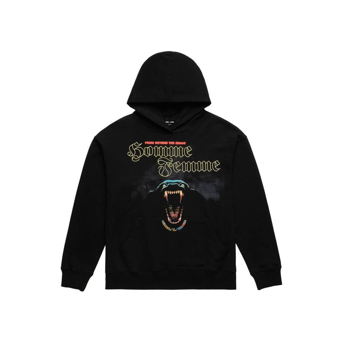 Front view of Homme + Femme Grave Digger Black Hoodie with skull graphic on the chest and drawstring hood