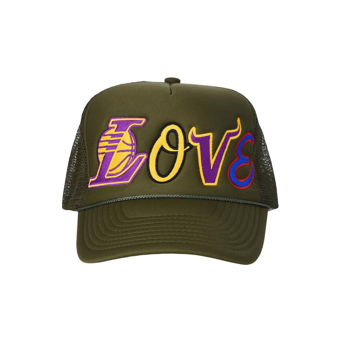 Army green trucker hat with the word LOVE in a drop out design embroidered on the front