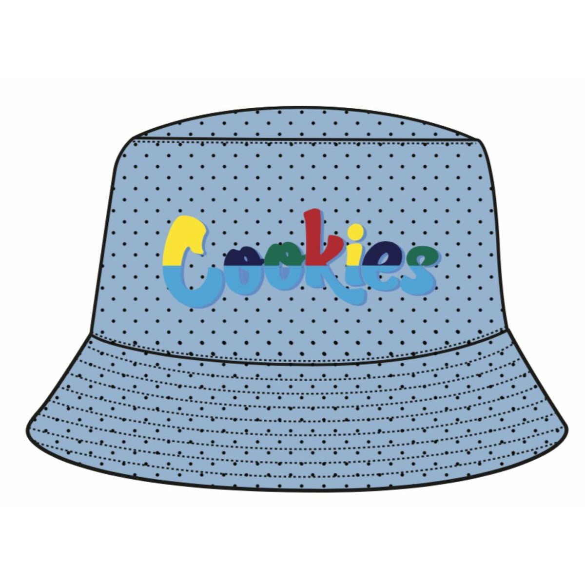 Close up image of Cookies Catamaran Mesh Carolina Blue Bucket Hat with adjustable drawstring and breathable mesh fabric for outdoor protection and comfort