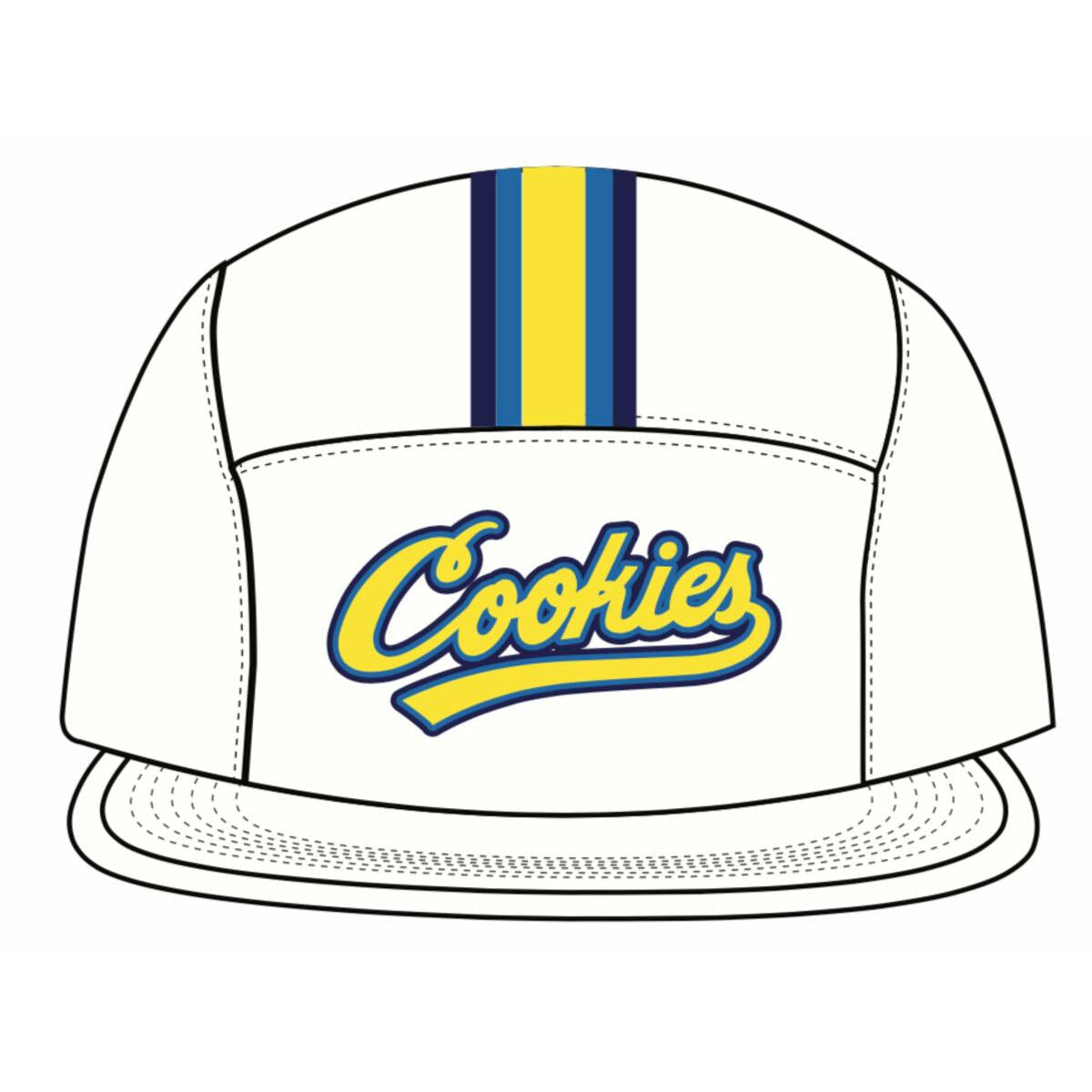 Top view of Cookies Puttin In Work Canvas 5 Panel White Hat with intricate stitching and adjustable strap