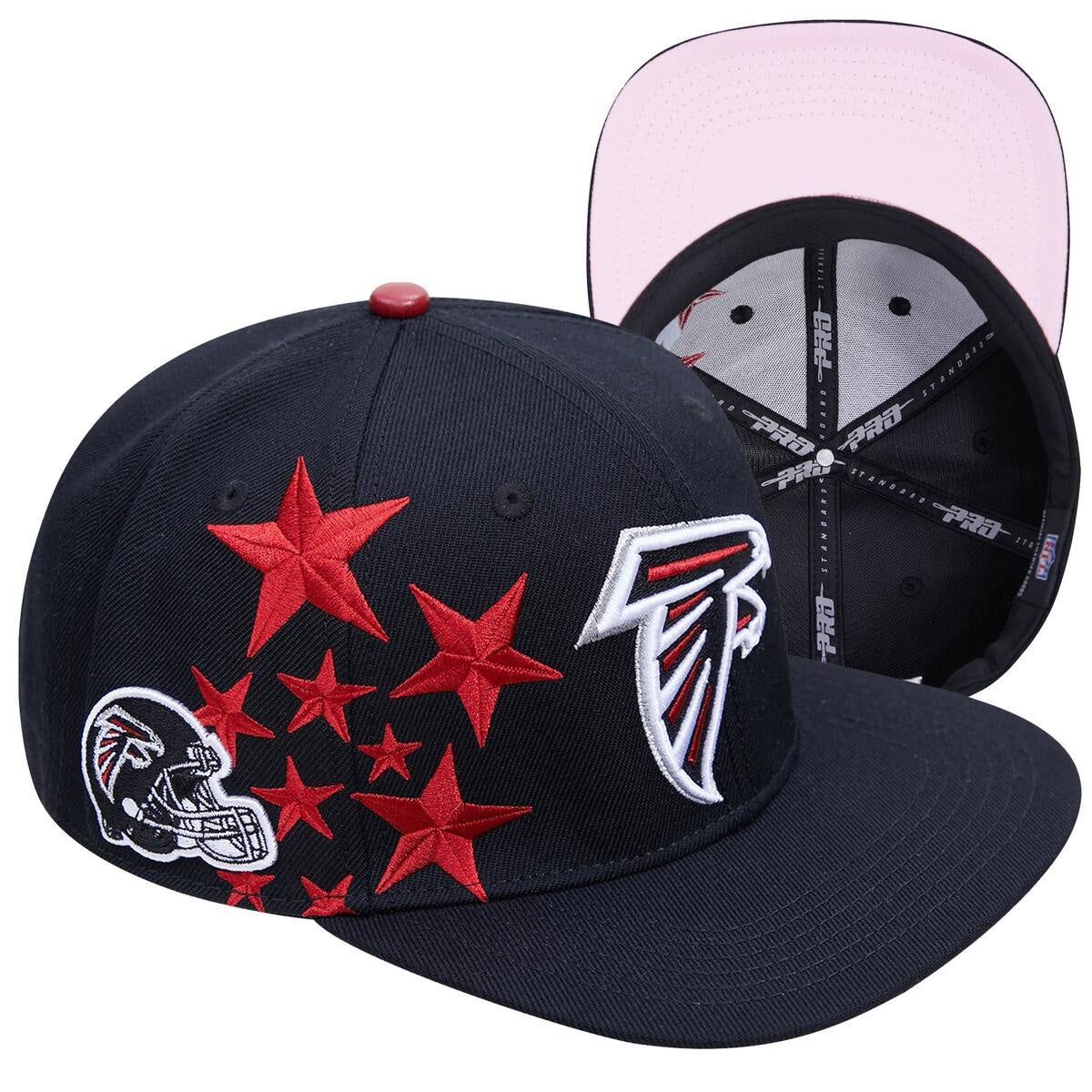 Black hat with pink under visor featuring Atlanta Falcons roses design