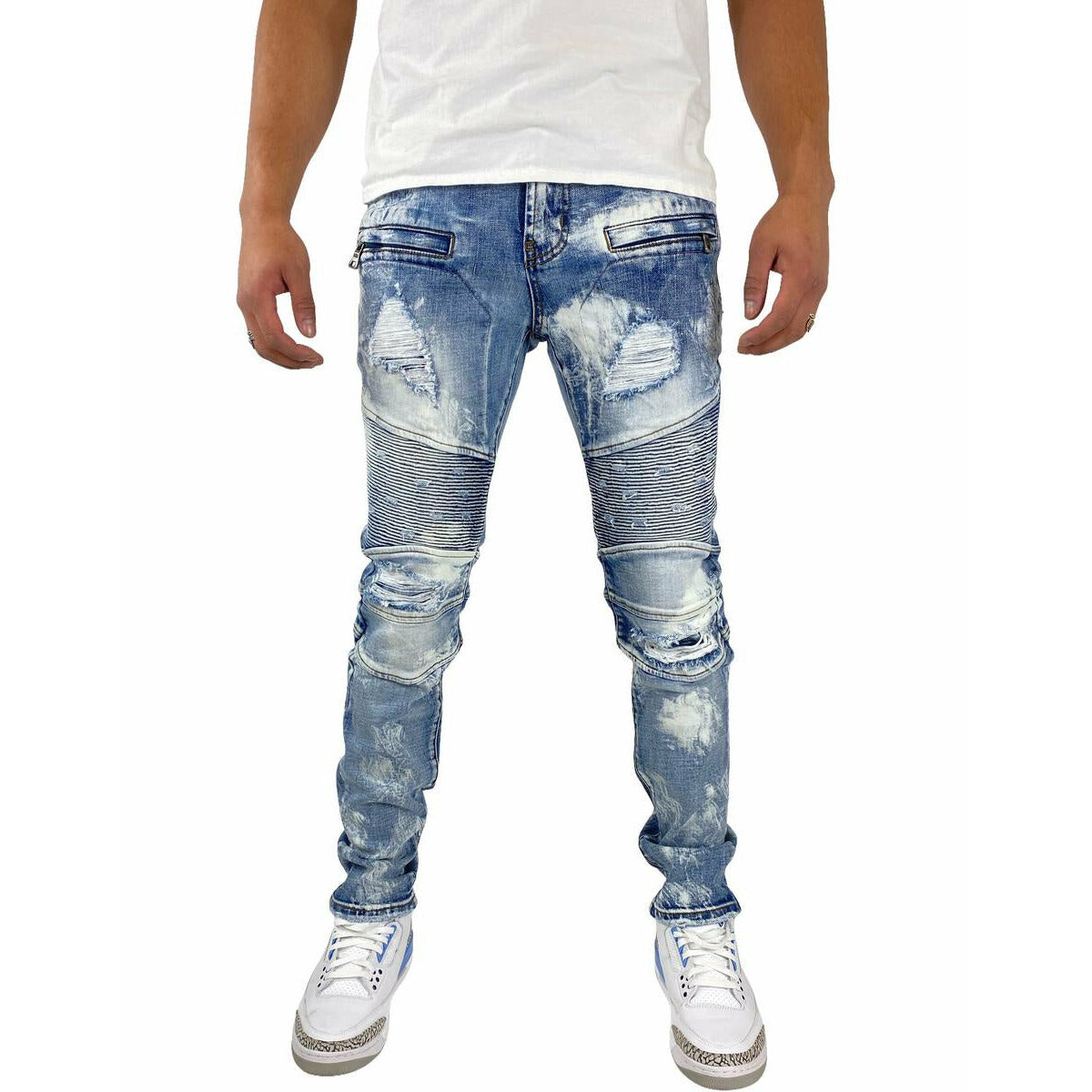 PREME Indigo Washed Biker Denim Jeans (PR-WB-991) with distressed detailing and slim fit design for a stylish and edgy look