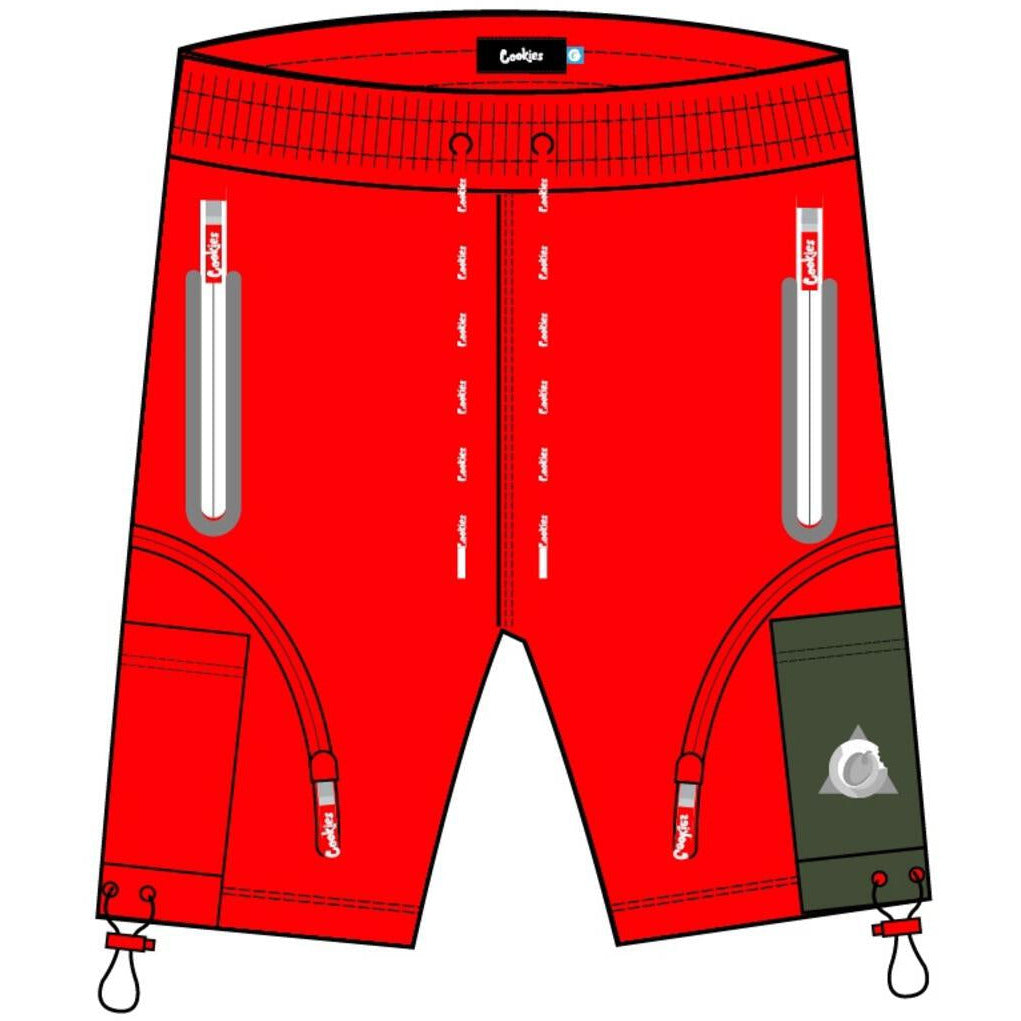 A close-up image of Cookies Contraband Fleece Zipper Red SweatShorts, featuring a comfortable fit and stylish design perfect for casual wear