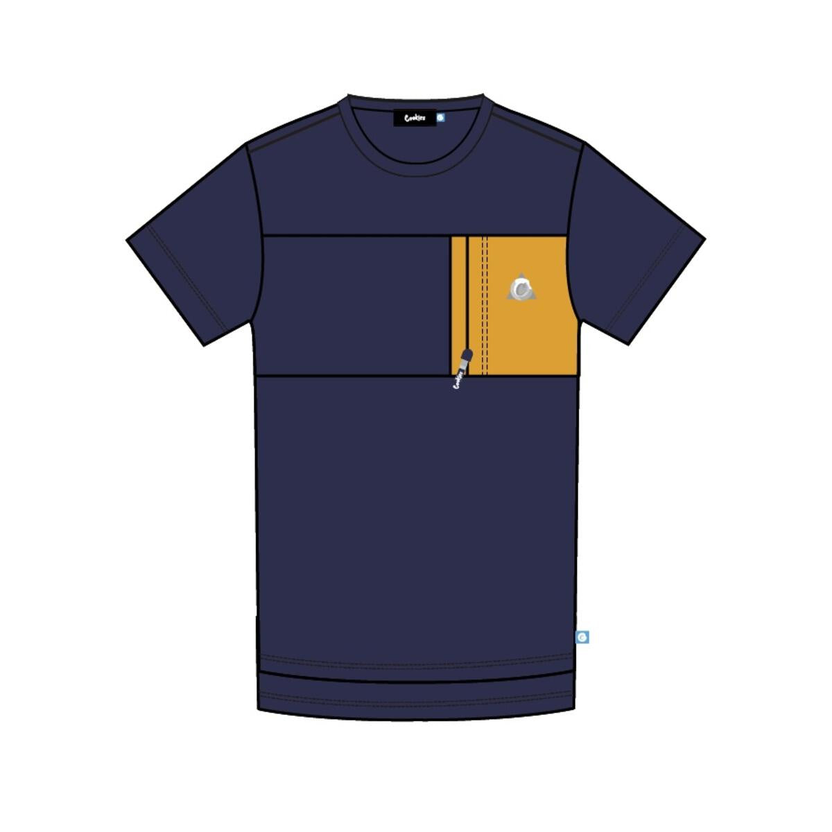 Close-up of navy cotton jersey short-sleeve knit with cookies contraband design