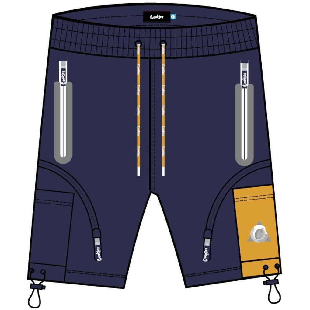 Close-up image of Cookies Contraband Fleece Zipper Navy SweatShorts, featuring a comfortable fleece fabric and stylish zipper details in a rich navy color