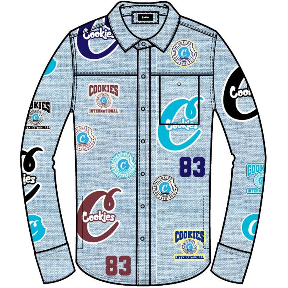 Front view of cookies double up oxford blue button woven long-sleeve shirt