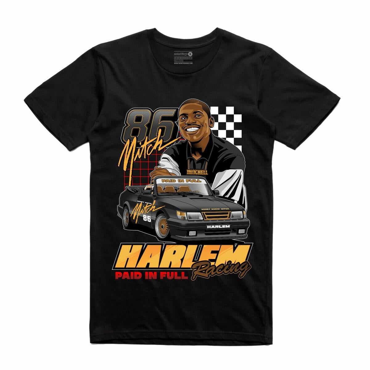 Retro Kings Harlem Racing Black Tee showcasing vintage-inspired design and comfortable fit for urban fashion enthusiasts