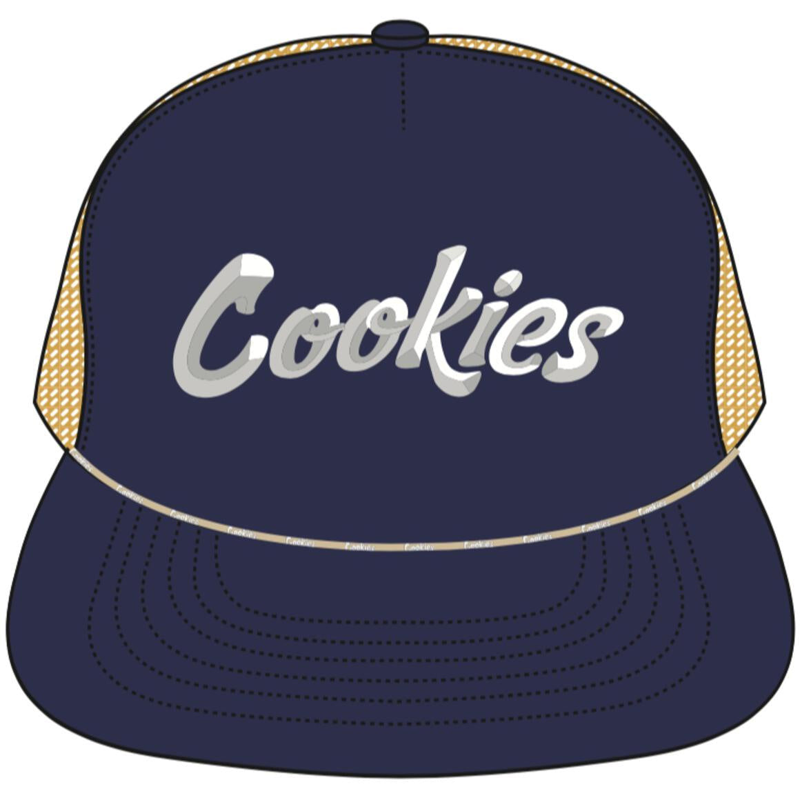 Close-up of navy trucker hat with 'Cookies Contraband' foam patch