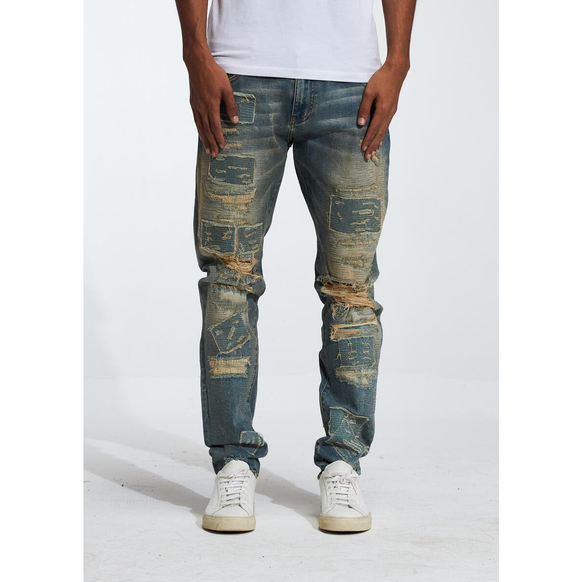 Embellish Gemdale Sand Wash Denim jeans with distressed details and patches
