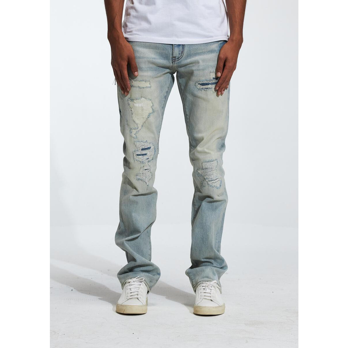 Close-up of Embellish Hills Blue Wash Denim (EMBF222-15) front pockets with distressed details and contrast stitching