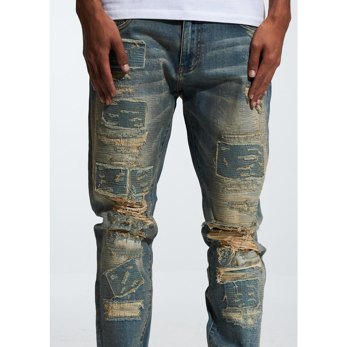 Embellish Gemdale Sand Wash Denim in light blue, distressed skinny jeans
