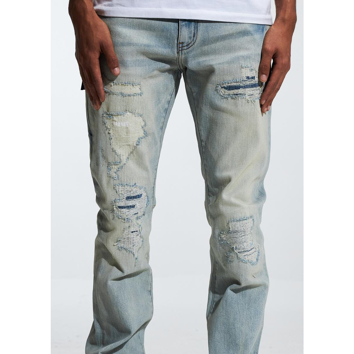 Stylish side view of Embellish Hills Blue Wash Denim (EMBF222-15) featuring a slim fit and frayed hem
