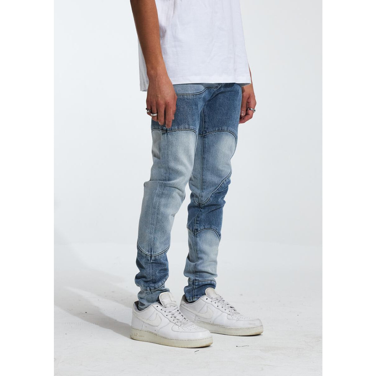Men's Crysp Denim Topo Blue Jeans (CRYF222-204) with distressed detailing and frayed hems