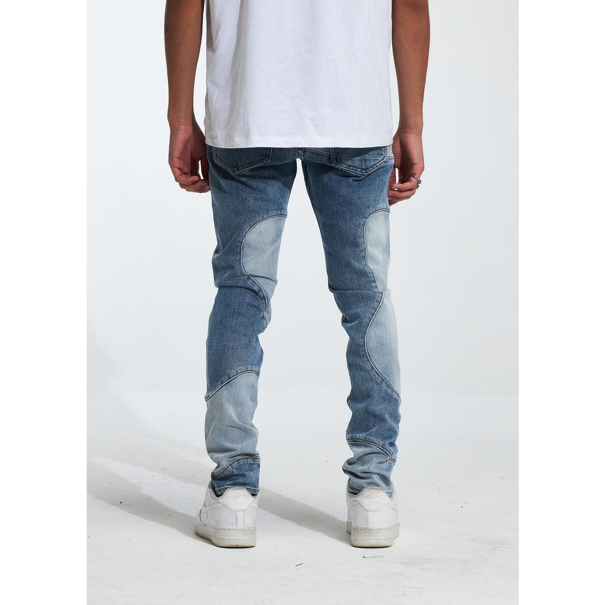 Model wearing Crysp Denim Topo Blue Jeans (CRYF222-204) with a white t-shirt
