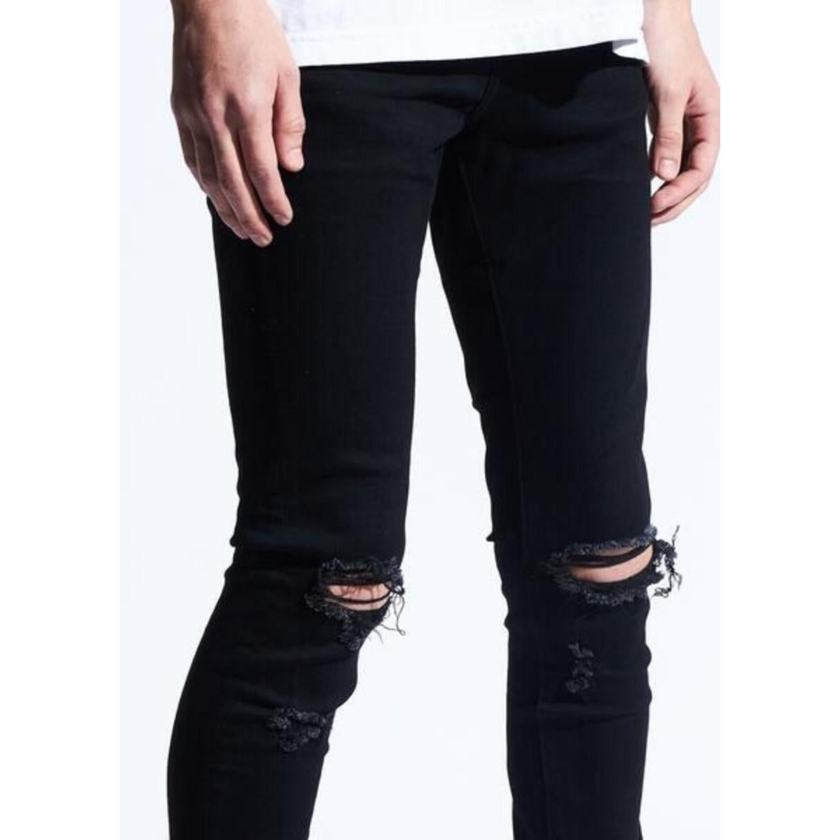 Men's Crysp Denim Atlantic Black Jeans, style CRYF222-214, featuring distressed details and a slim fit