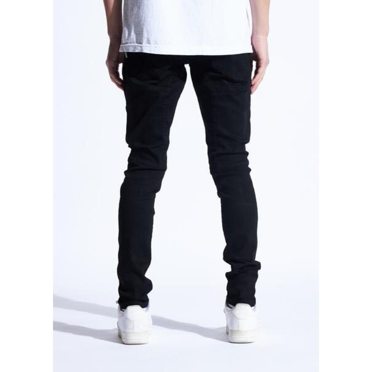 Close-up of the distressed details on Crysp Denim Kurt Black Jeans