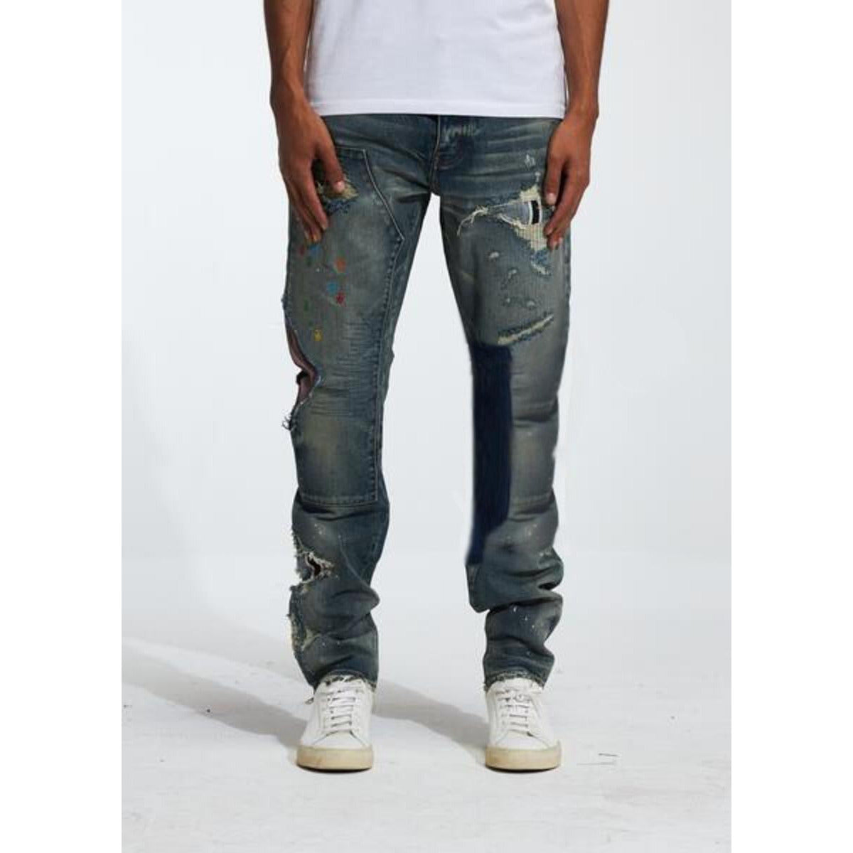 Embellish Campberg Ripped Denim Jeans in light blue wash with distressed details