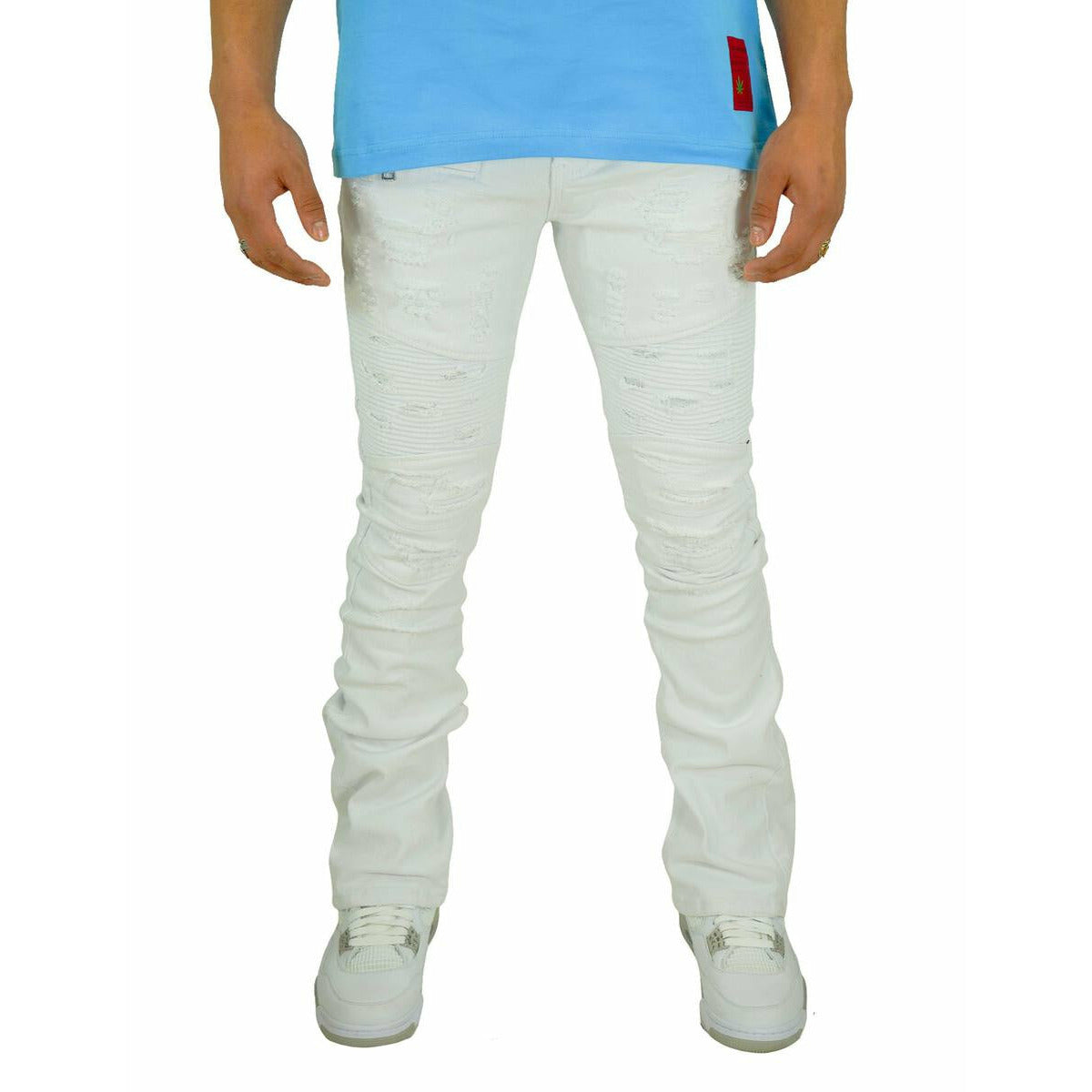 Preme White Moto Flare Biker Denim with distressed detailing and zipper pockets