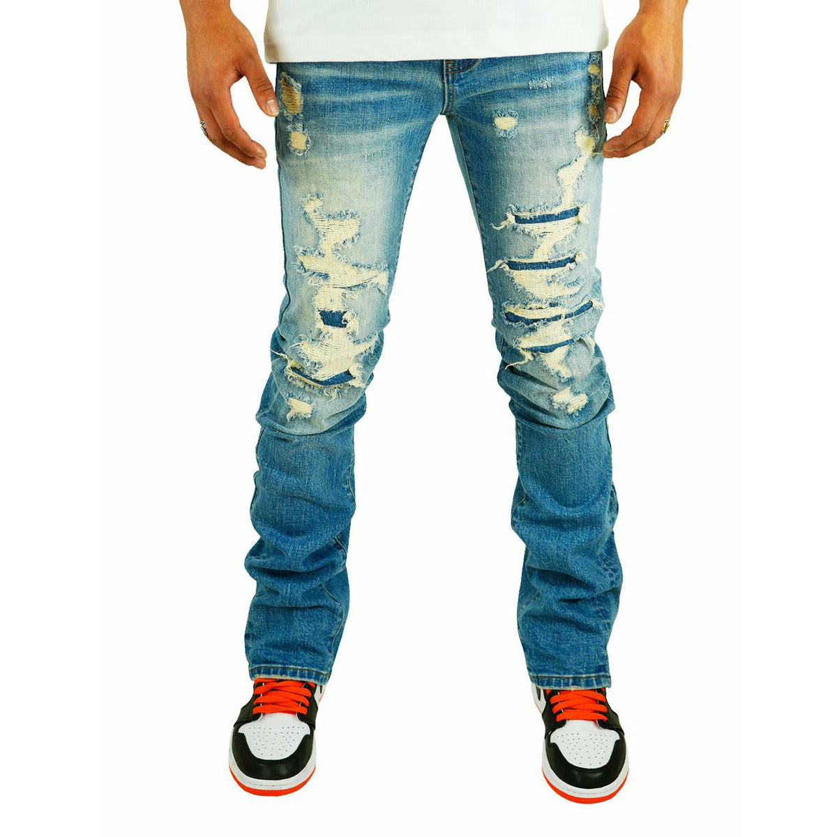 Dark indigo flare jeans with tears by Preme, style PR-WB-962