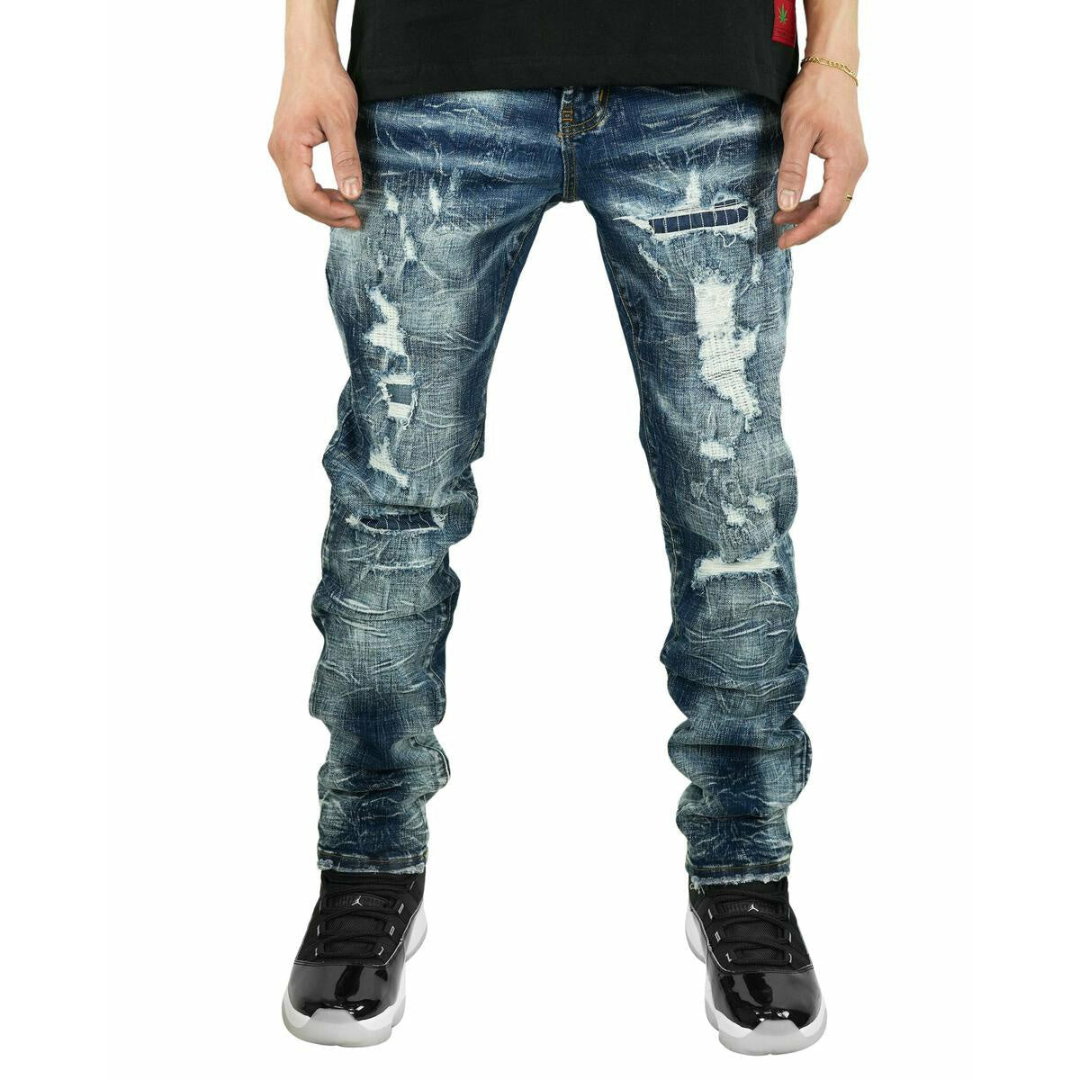 PREME Indigo Denim Ripped Jeans (PR-WB-1012) in dark blue wash with distressed detailing and frayed hems