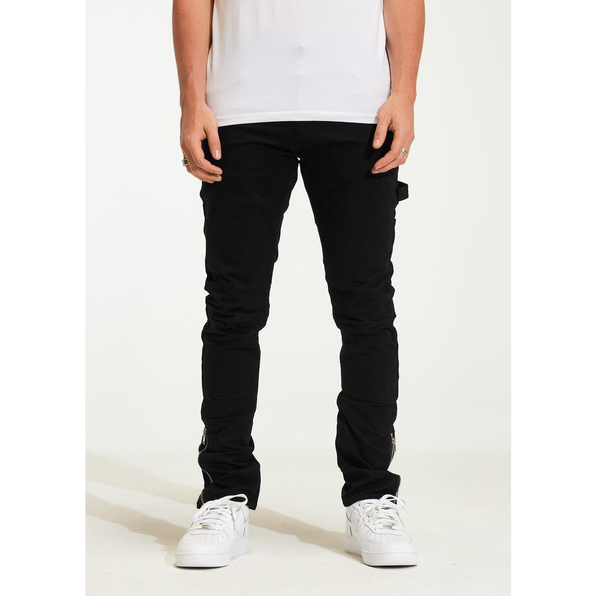 Crysp Denim Smith Pant Black Ripped Jeans (CRYH22-205) Front View with Distressed Details