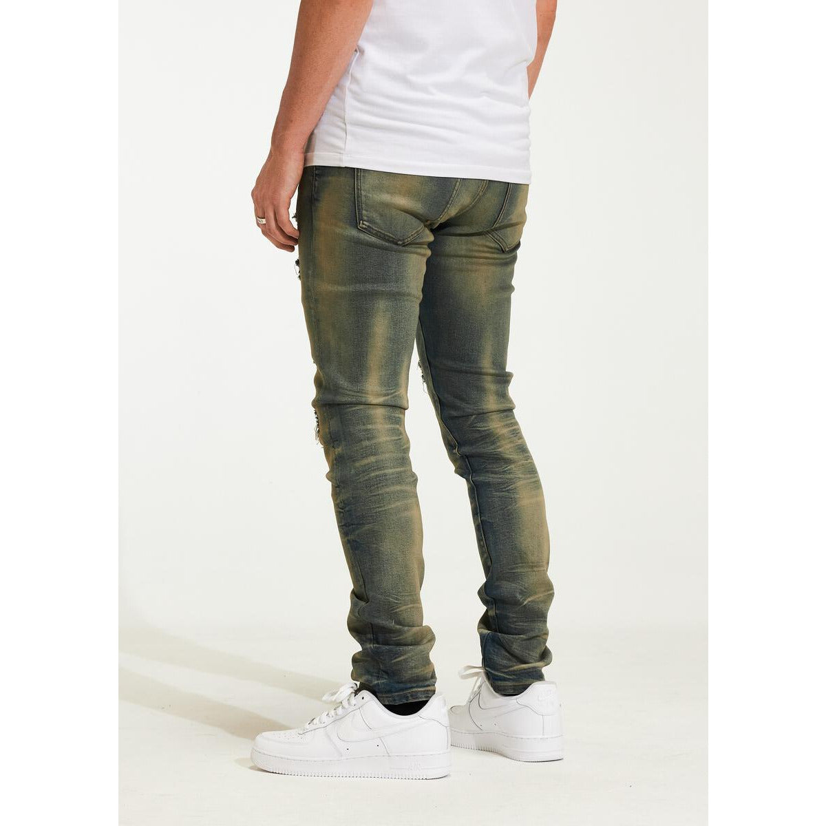 Close-up of Crysp Denim Atlantic Blue Sand Ripped Jeans (CRYH22-204) back pocket with logo embroidery