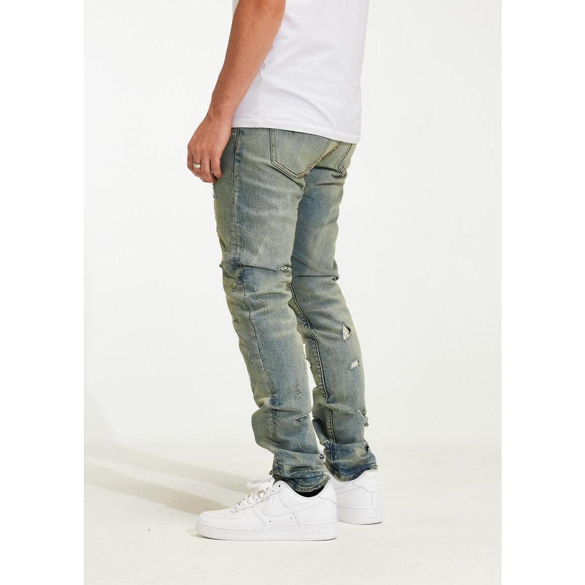 Crysp Denim Atlantic Blue Wash Ripped Jeans with rolled-up cuffs and frayed hem