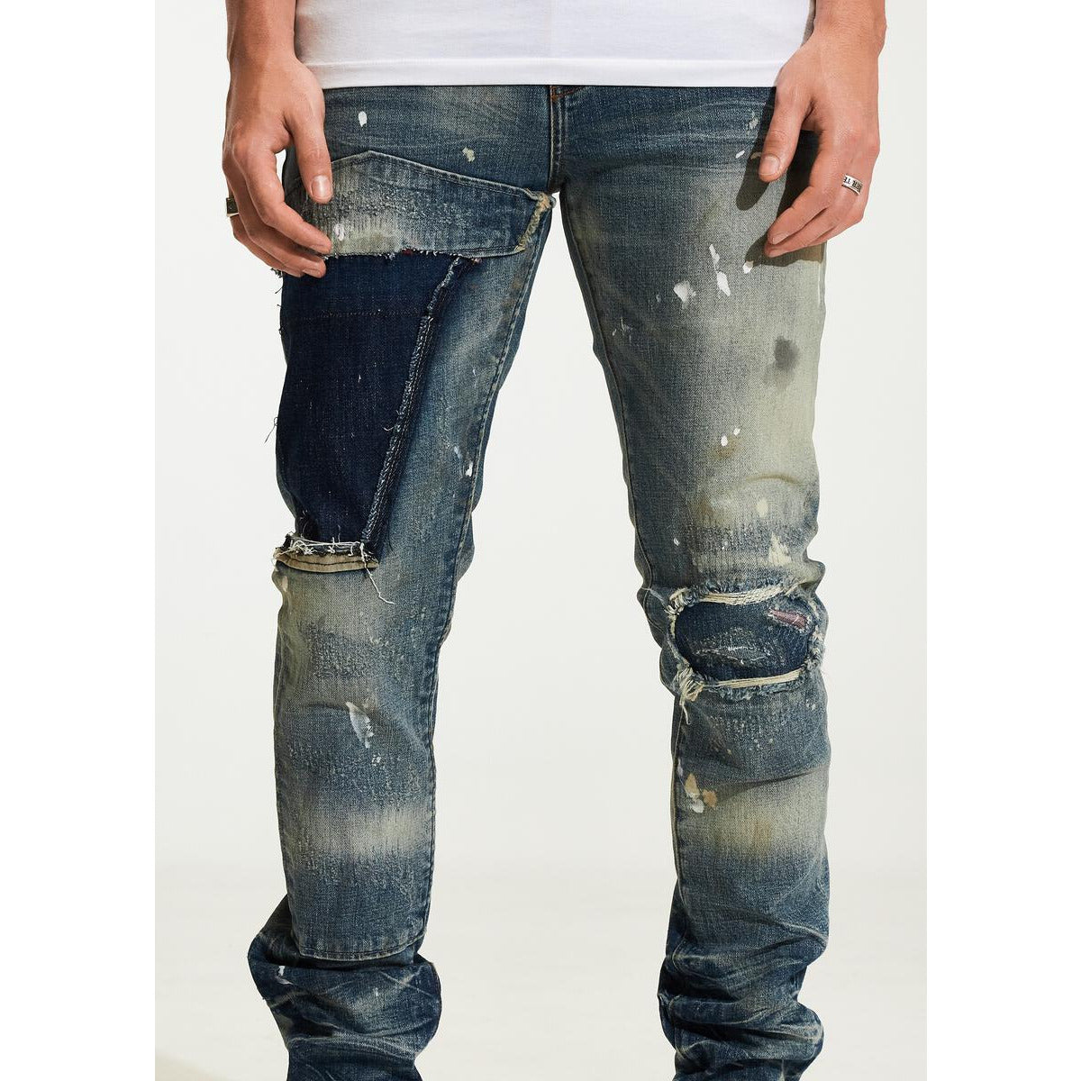 Embellish Creed Indigo Ripped Jeans (EMBH22-206) on a model standing