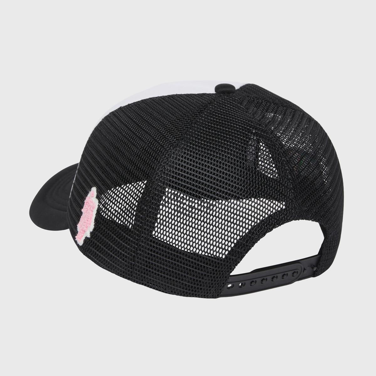 Trucker hat in black and white with a Beverly Hills patch on the front and multi-color diamond on right panel, suitable for men and women